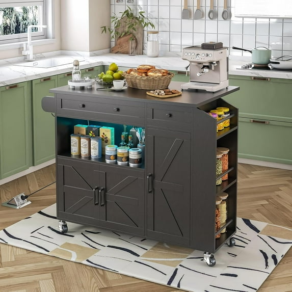 Timagebreze Kitchen Island with Storage, 39.4" W Wood Kitchen Island Cart with Drop Leaf, Black Rolling Cart with Lockable Wheels