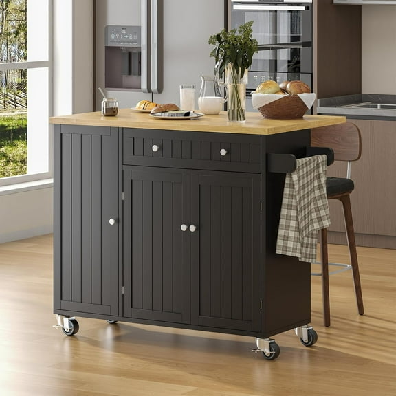 Timagebreze Kitchen Island with Storage, 41.3" W Wood Kitchen Island Cart with Drop Leaf, Black Rolling Cart with Lockable Wheels