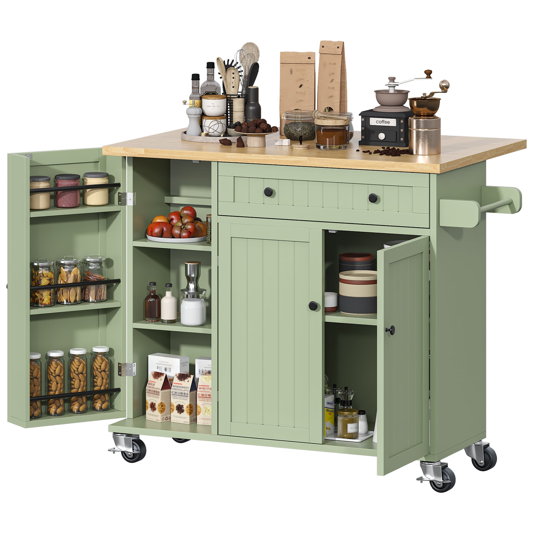 Timagebreze Kitchen Island with Towel Rack,Drop Leaf,Large Capacity Rolling Cart with Spice Rack and Storage,Green