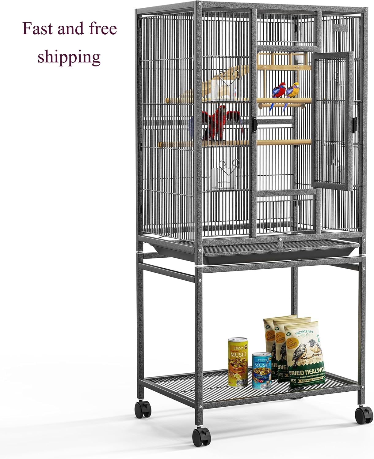 Timagebreze Large Bird Cage on Wheels with Slide-Out Tray,54" Wrought Iron Cage with Perches,Swing & Platform for Budgies,Cockatiels