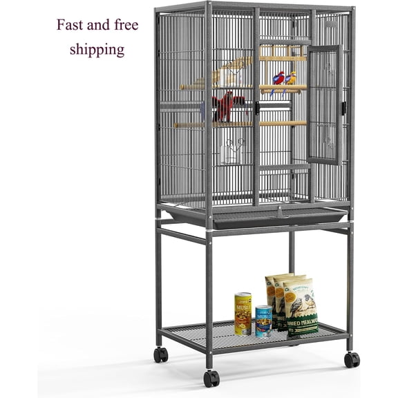 Timagebreze Large Bird Cage on Wheels with Slide-Out Tray,54" Wrought Iron Cage with Perches,Swing & Platform for Budgies,Cockatiels