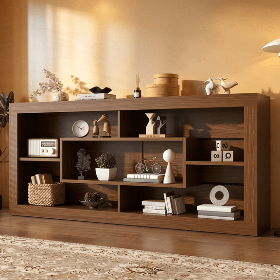 Timagebreze Modern Farmhouse 7-Cube Storage Organizer Bookcase,71” Wide Large Floor Standing Bookshelf,Cubby Shelf Unit with Anti-Tip Safety Kit for Home Office,Living Room,Bedroom,Brown