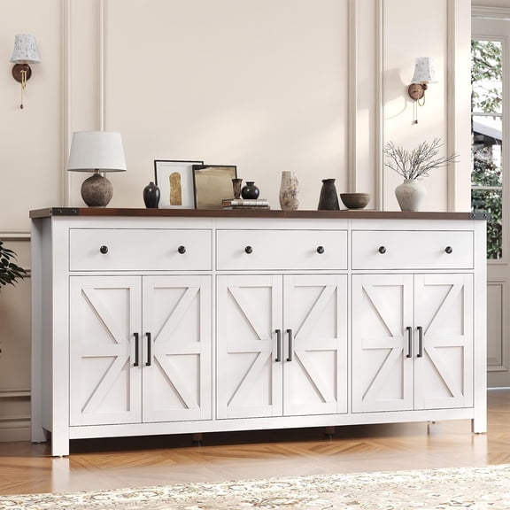 Timagebreze Modern Farmhouse Coffee Bar 71" with 6 Barn Doors & 3 Drawers,Wood Sideboard for Dining Room & Kitchen,White