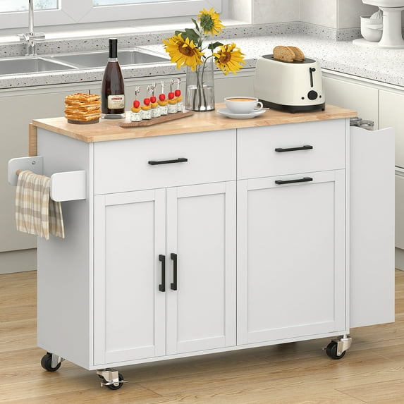 Timagebreze Rolling Kitchen Island with Drop Leaf, Tilt Out Kitchen Trash Cabinet 10 Gallon Storage, Kitchen Cart Island with Rubber wood Top, Spice Rack and Drawers,White
