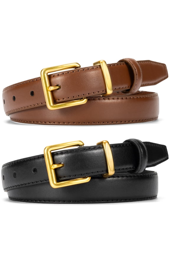 2PCS Belts for Women Black Womens Belt for Jeans Dress Brown Leather Belt with Vintage Gold Buckle