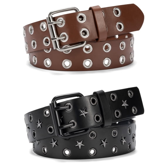 Timarkment 2pcs Belts for Women Double Grommet Womens Belts for Jeans Studded Punk Women's Leather Belt