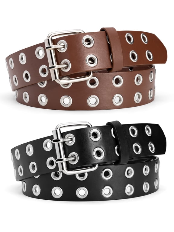 2pcs Belts for Women Double Grommet Womens Belts for Jeans Studded Punk Women's Leather Belt, up to 33"