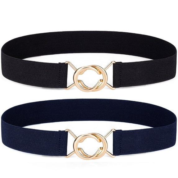 Timarkment 2pcs Women Belts Elastic Skinny Belt for Dresses Stretch Belt Golden Buckle Navy Black Belt for Women Ladies Belts