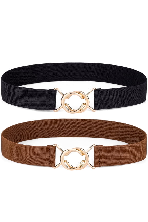 2pcs Women Elastic Skinny Belt for Dresses Stretch Belt Golden Buckle Coffee Black Belt for Women Ladies Belts