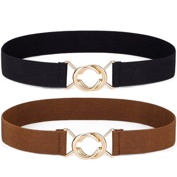 Timarkment 2pcs Women Elastic Skinny Belt for Dresses Stretch Belt Golden Buckle Coffee Black Belt for Women Ladies Belts