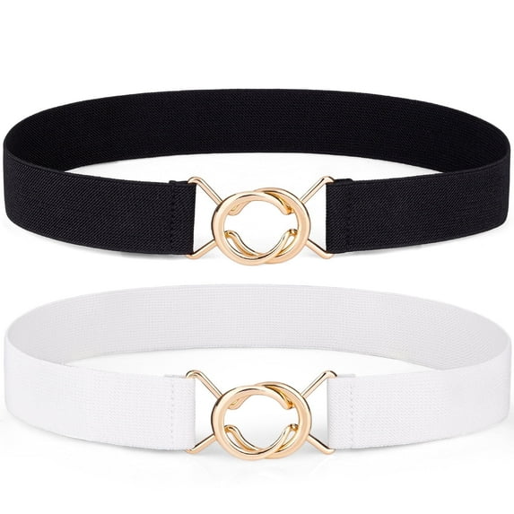 Timarkment 2pcs Women Elastic Skinny Belt for Dresses Stretch Belt Golden Buckle White Black Belt for Women Ladies Belts