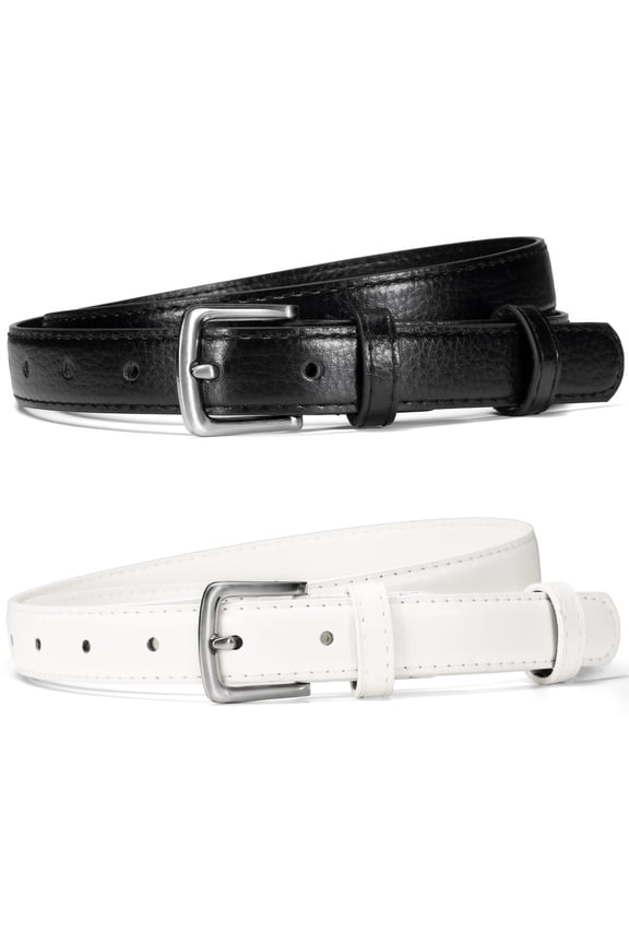 Timarkment 2pcs Women Leather Belts Skinny Solid Color Pin Buckle Black & White Belts for Womens