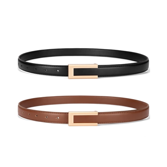 Timarkment Women's Skinny Leather Waist Belts with Golden Buckle, Brown and Black, 2-Pack
