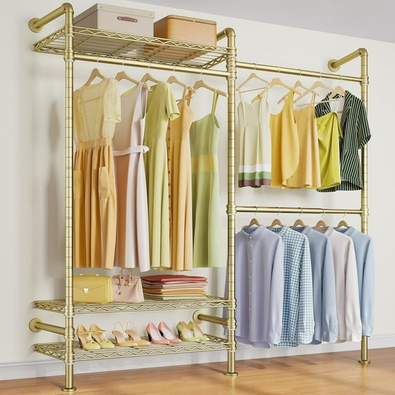 Timate F2 Industrial Pipe Clothes Rack Wall Mounted Clothing Rack for Hanging Clothes, Expandable Garment Rack Heavy Duty Wardrobe Closet Organizer and Storage, Adjustable Industrial Closet Kit, Gold