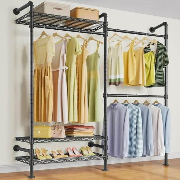 Timate F2 Industrial Pipe Clothes Rack Wall Mounted Clothing Rack for Hanging Clothes,Expandable Garment Racks Heavy Duty Wardrobe Closet Organizer and Storage, Black Adjustable Industrial Closet Kit
