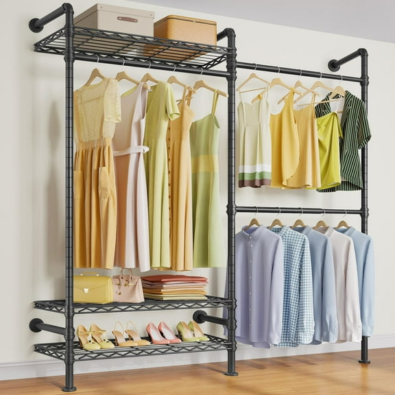 Timate F2 Industrial Pipe Clothes Rack Wall Mounted Clothing Rack for Hanging Clothes,Black
