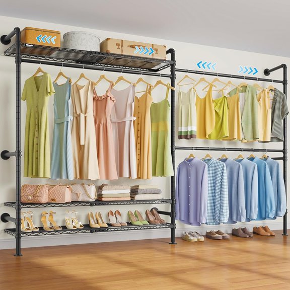 Timate F2 Pro Expandable Wall Mounted Clothes Rack Industrial Pipe Clothing Rack for Hanging Clothes, Heavy Duty Clothes Rack with Shelves, Garment Rack Wall Closet System, Black Pipe Closet Kit