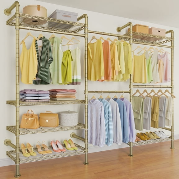 Timate F3 Heavy Duty Wall Mounted Garment Rack, Industrial Pipe Closet System with Adjustable Shelves, Expandable Storage Wardrobe for Walk-in Closets, Gold