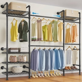 Timate F3 Medium Wall Mounted Expandable Clothes Rack, Industrial Pipe Closet System w/Shelves, Heavy Duty Garment Hanging Rack, Black