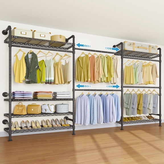 Timate F3 Plus Heavy Duty Wall Mounted Clothing Rack with Shelves, Expandable Industrial Pipe Garment Rack System, Black