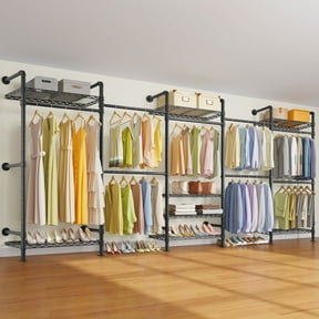 Timate F5 Expandable Wall Mounted Clothes Rack, Heavy Duty Industrial Pipe Closet System with 8 Shelves & 4 Hanger Rods (Fits 10'3"-12'3" Spaces), Black