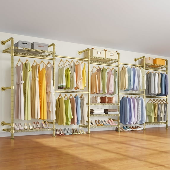 Timate F5 Expandable Wall Mounted Clothes Rack, Heavy Duty Industrial Pipe Closet System with 8 Shelves & 4 Hanger Rods (Fits 10'3"-12'3" Spaces),Gold