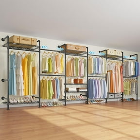 Timate F6 Heavy Duty Expandable Pipe Garment Rack - Wall Mounted Closet System Organizer for Wardrobe, Bedroom & Walk-in Closets, Black