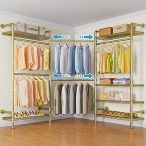 Timate L3 L-Shaped Heavy Duty Garment Rack, Industrial Pipe Wall-Mounted Closet System with Adjustable Shelves & Rods, Expandable Corner Wardrobe Kit, Max Load 950lbs,Gold