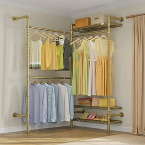Timate L2 Wall Mount Closet Organizer, Industrial Space Saver Rack with Shelves, Heavy Duty 500LB, Adjustable Pipe Garment Rack, Gold