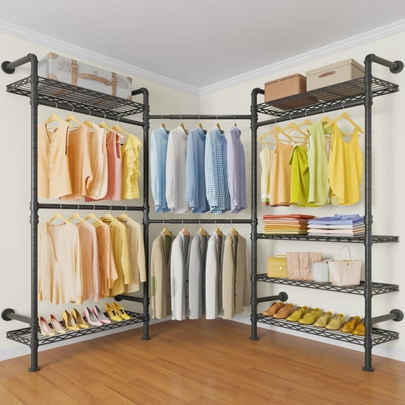 Timate L3 L-Shaped Heavy Duty Garment Rack, Industrial Pipe Wall-Mounted Closet System with Adjustable Shelves & Rods, Expandable Corner Wardrobe Kit, Max Load 950lbs, Black