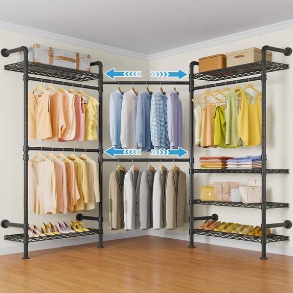 Timate L3 L-Shaped Heavy Duty Garment Rack, Industrial Pipe Wall-Mounted Closet System with Adjustable Shelves & Rods, Expandable Corner Wardrobe Kit, Max Load 950lbs, Black