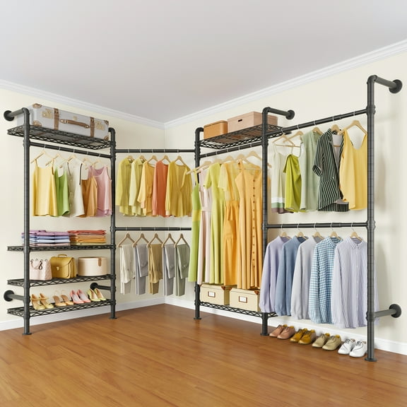 Timate L4 L Shape Heavy Duty Clothes Rack, Expandable Industrial Pipe Clothing Rack, Black