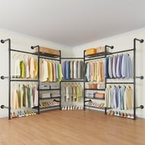 Timate L5 Expandable Corner Wall Mounted Clothes Rack, L-Shape Heavy Duty Industrial Pipe Closet System with 8 Shelves & 4 Hanger Rods, Black Wardrobe Organizer