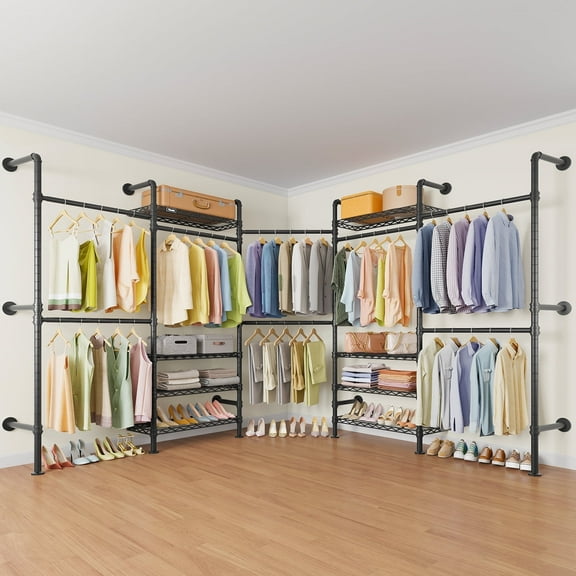 Timate L5 Expandable Corner Wall Mounted Clothes Rack, L-Shape Heavy Duty Industrial Pipe Closet System with 8 Shelves & 4 Hanger Rods, Black Wardrobe Organizer