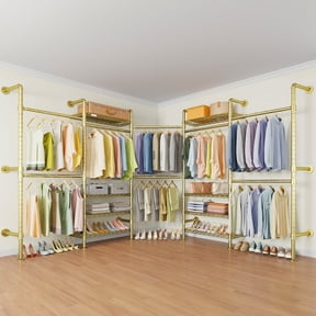 Timate L5 Expandable Corner Wall Mounted Clothes Rack, L-Shape Heavy Duty Industrial Pipe Closet System with 8 Shelves & 4 Hanger Rods, Black Wardrobe Organizer