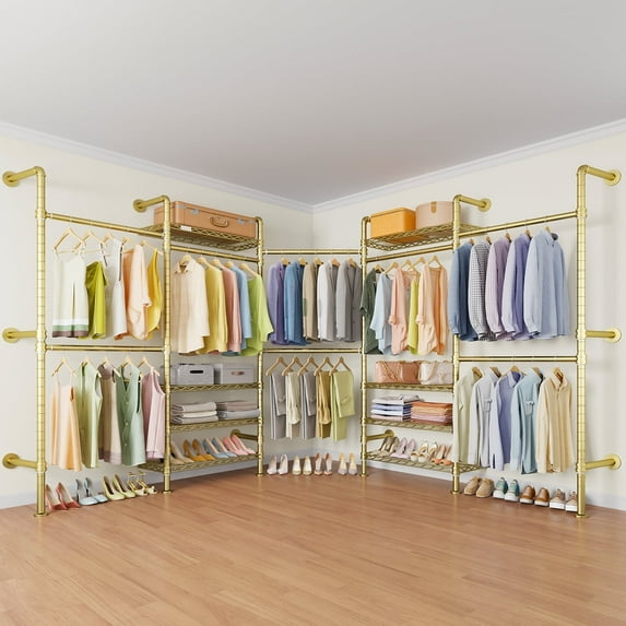 Timate L5 Expandable Corner Wall Mounted Clothes Rack, L-Shape Heavy Duty Industrial Pipe Closet System with 8 Shelves & 4 Hanger Rods, Black Wardrobe Organizer