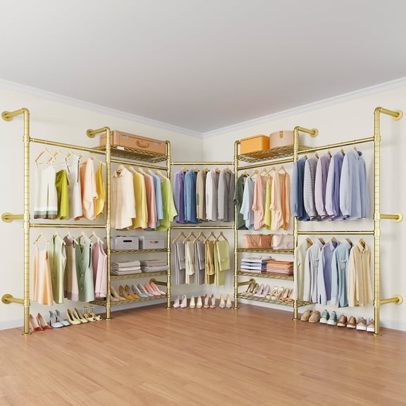 Timate L5 Expandable Corner Wall Mounted Clothes Rack, L-Shape Heavy Duty Industrial Pipe Closet System with 8 Shelves & 4 Hanger Rods, Black Wardrobe Organizer