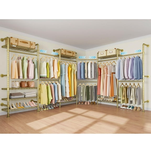 Timate L6 Corner Wall Mounted Closet System - Heavy Duty Industrial Pipe Garment Rack, Expandable Hanging Storage with Adjustable Shelves for Walk-in Closets, Bedroom & Wardrobe Organization,Gold