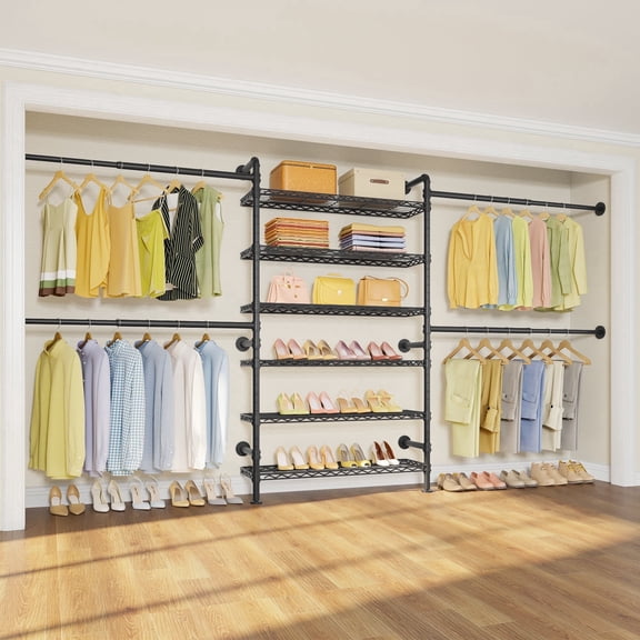 Timate S3X PLUS Closet System, Expandable Wall Mounted Closet with 6 Adjustable Shelves & 4 Expandable Hanger Rods, Industrial Pipe Clothing Rack for Hanging Clothes, Fits Spaces 6'11"- 9'10", Black