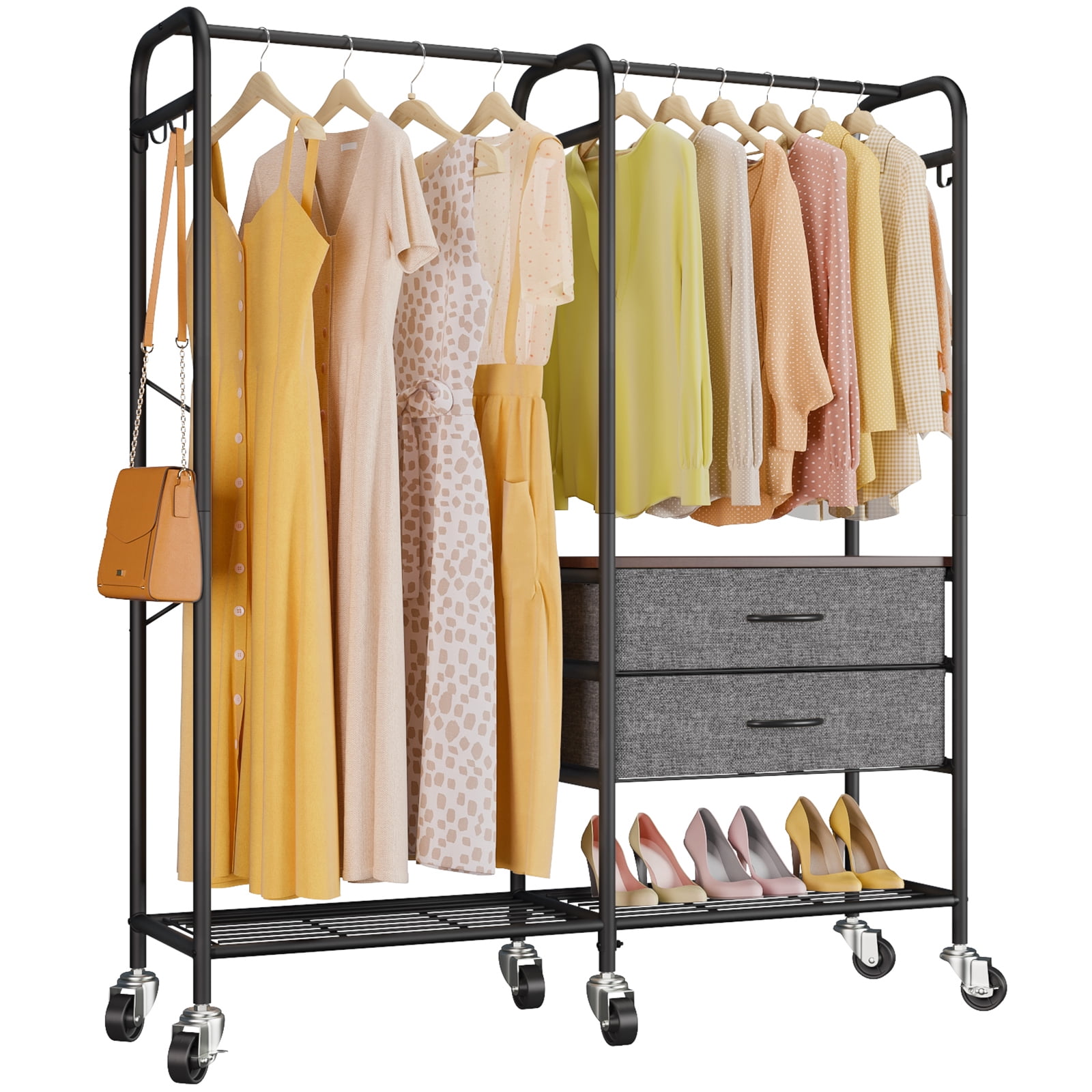 Black Metal Freestanding Clothes Rack with Fabric Drawers