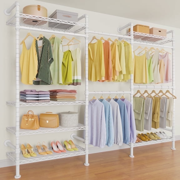 Timate F3 Heavy Duty Wall Mounted Garment Rack, Industrial Pipe Closet System with Adjustable Shelves, Expandable Storage Wardrobe for Walk-in Closets, White