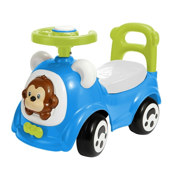 Timate: Push & Ride Racer - Blue & Monkey - Foot-To-Floor Car Ride-On, Push Handle, Air Horn, Anti-Rolling Design, Seat Storage, Toddlers Ages 1-2