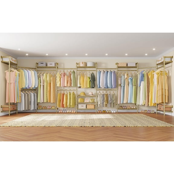 Timate U4 U Shape Garment Rack Heavy Duty Clothes Rack for Hanging Clothes, Expandable Industrial Pipe Clothing Rack Wall Mounted Closet Extra Large Closet Rack Walk in Closet System, Closet Kit Gold