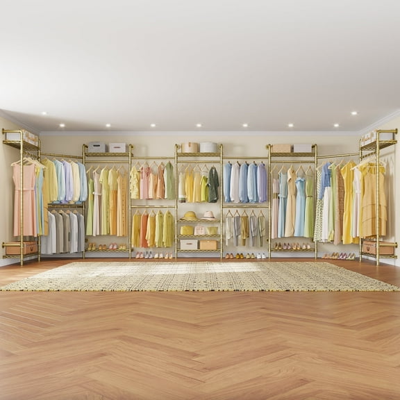 Timate U4 U Shape Garment Rack Heavy Duty Clothes Rack, Expandable Industrial Pipe Clothing Rack Wall Mounted Closet Extra Large Closet Rack Walk in Closet System, Closet Kit Gold