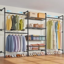 Timate X3 Expandable Heavy Duty Wall Mounted Clothes Rack with Basket, Industrial Pipe Closet System for Walk-in Closet, Black Wardrobe Organizer