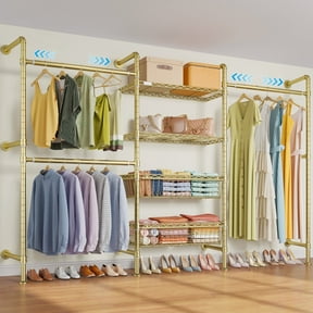 Timate X3 Expandable Heavy Duty Wall Mounted Closet System with Basket, Industrial Pipe Wardrobe Organizer for Walk-in Closet, Gold