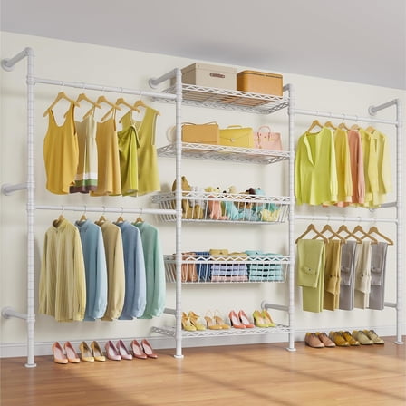 Timate X3i Garment Rack for Hanging Clothes Load 980lbs, Expandable Wall Mounted Closet System with Baskets  Pipe Heavy Duty Clothes Rack Walk in Closet, Adjustable from 5'10" to 8'3", White