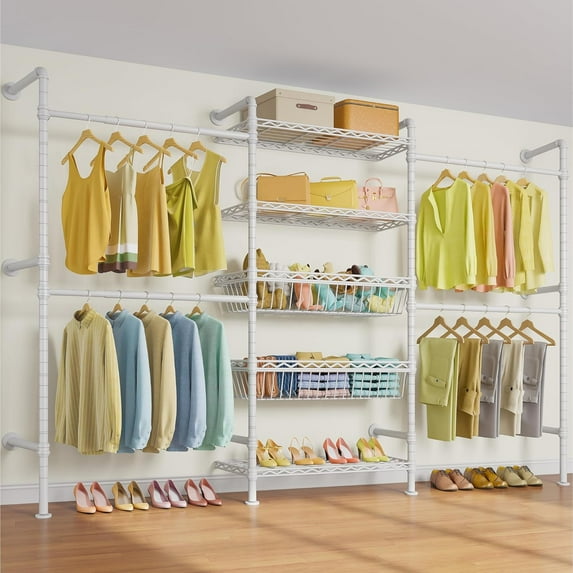 Timate X3i Garment Rack for Hanging Clothes Load 980lbs, Expandable Wall Mounted Closet System with Baskets Pipe Heavy Duty Clothes Rack Walk in Closet, Adjustable from 5'10" to 8'3", White