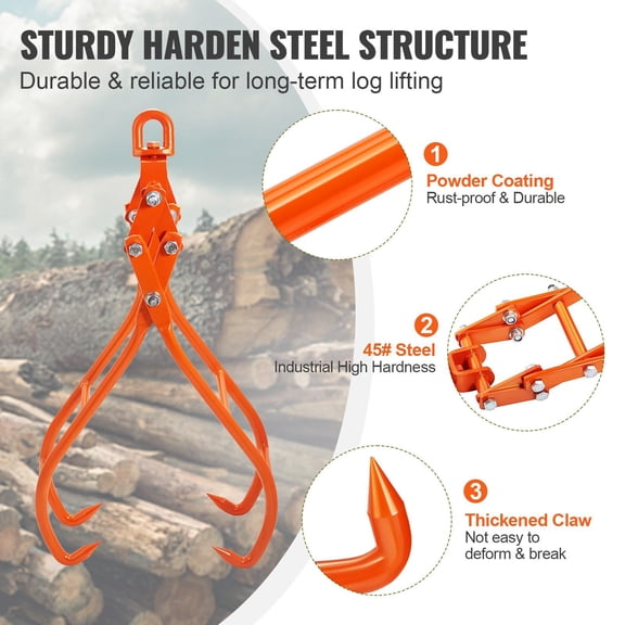 Timber Claw Log Grapple - 28 Inch 4-Claw Steel Tractor Attachment, 1000kg Load Capacity for Forestry & Lifting