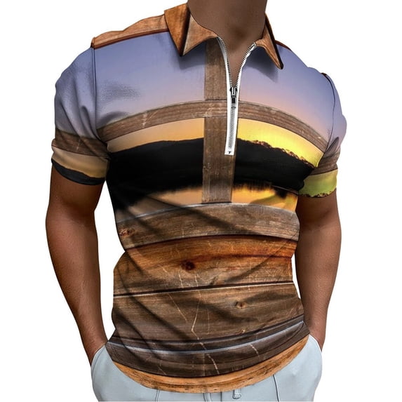 Timber Door with Window To Sunset And River Stock Men Zipper T-shirt Summer Casual Short Sleeve T-shirt Top